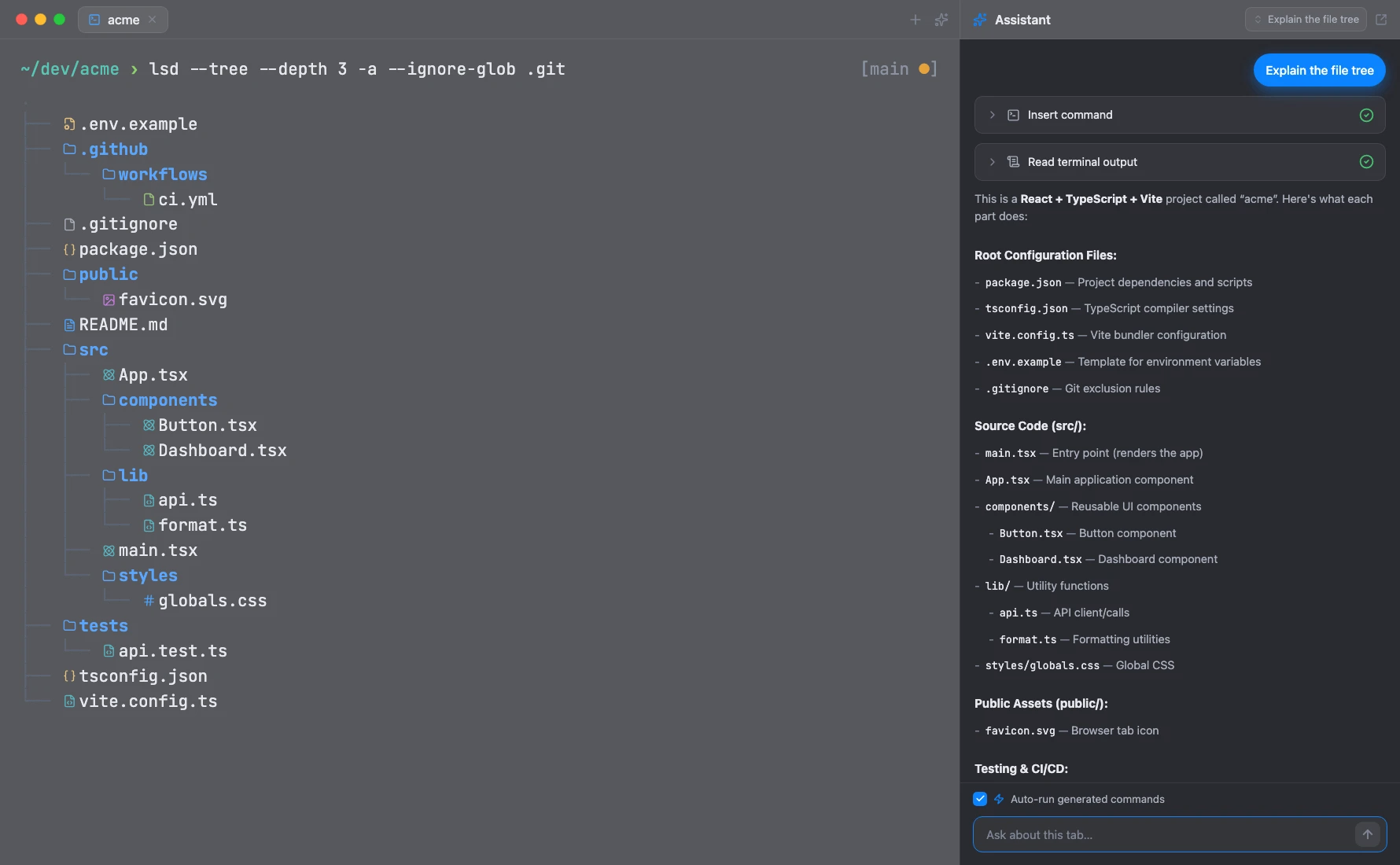 Kommando AI sidebar inserting and running shell commands