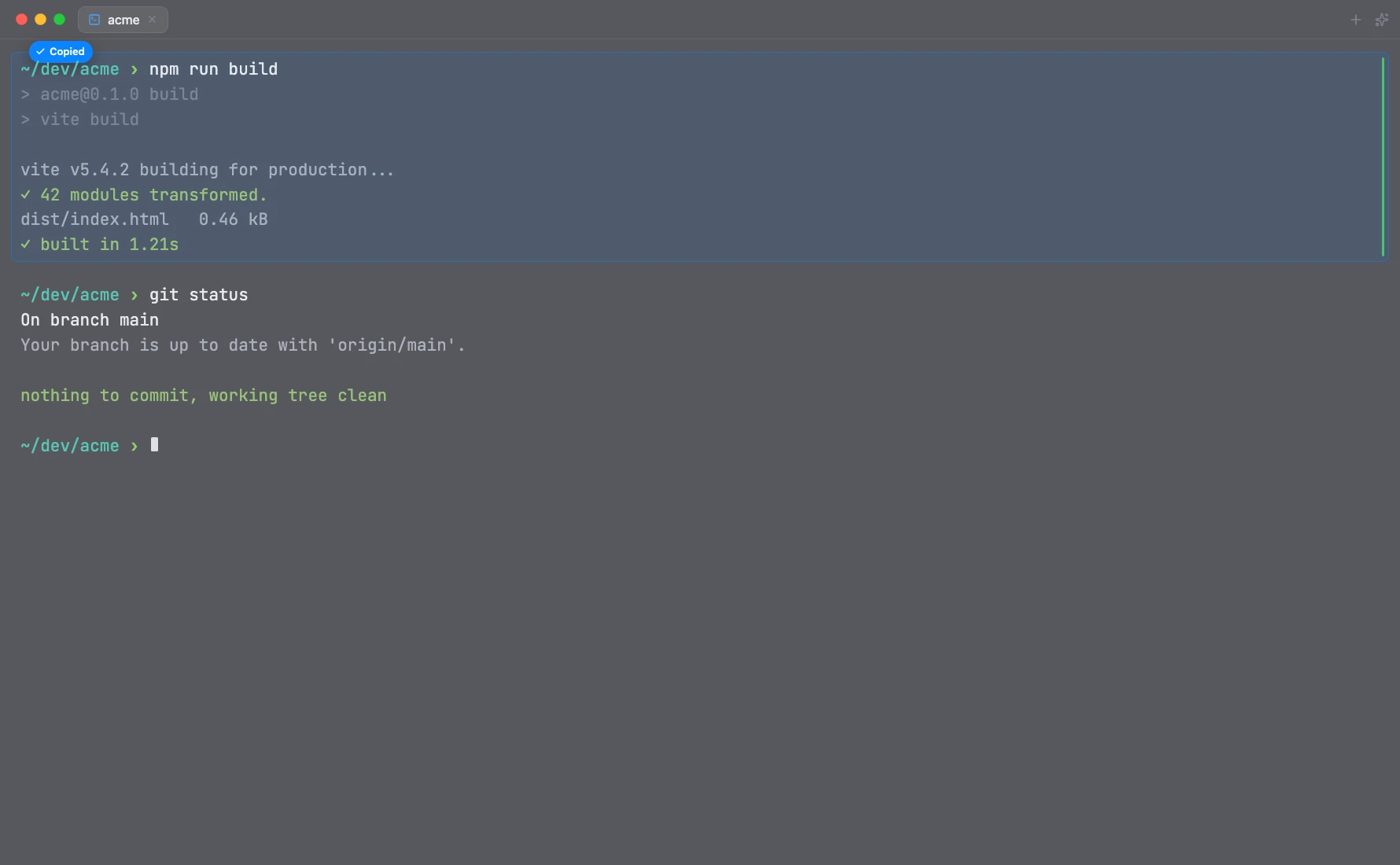 Kommando highlighting a past command block with a Copied confirmation