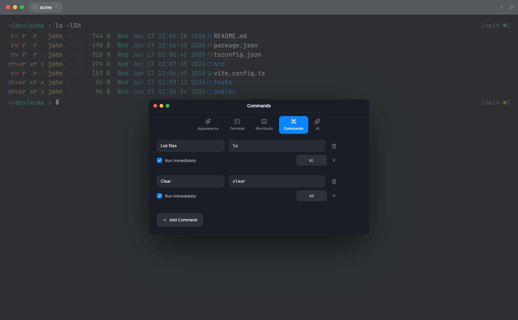 Kommando settings showing custom commands with keyboard shortcuts
