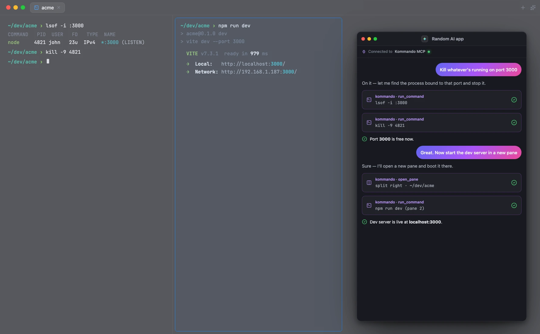 Another AI app running commands in Kommando over its MCP server