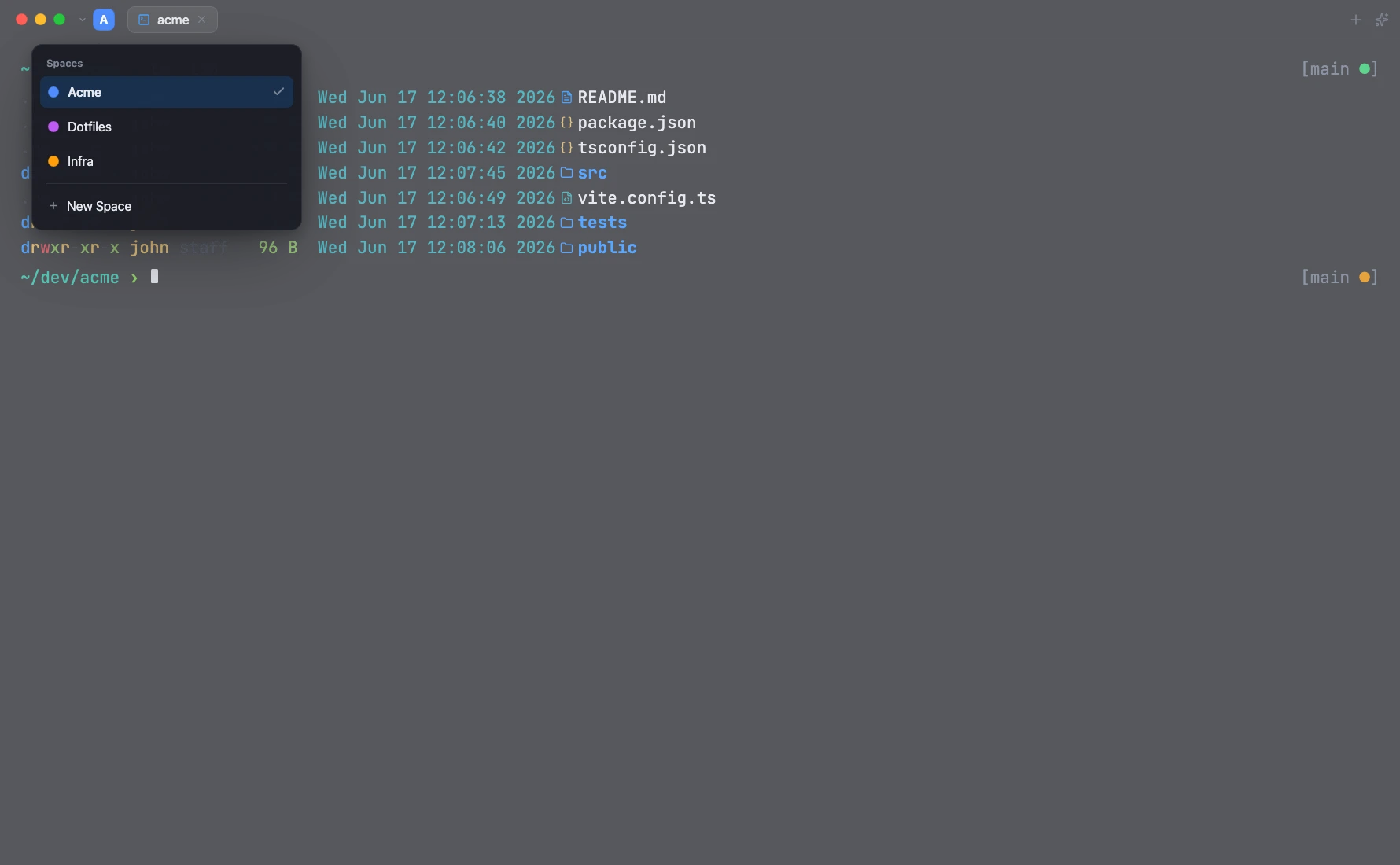 Kommando title-bar Spaces switcher listing project workspaces